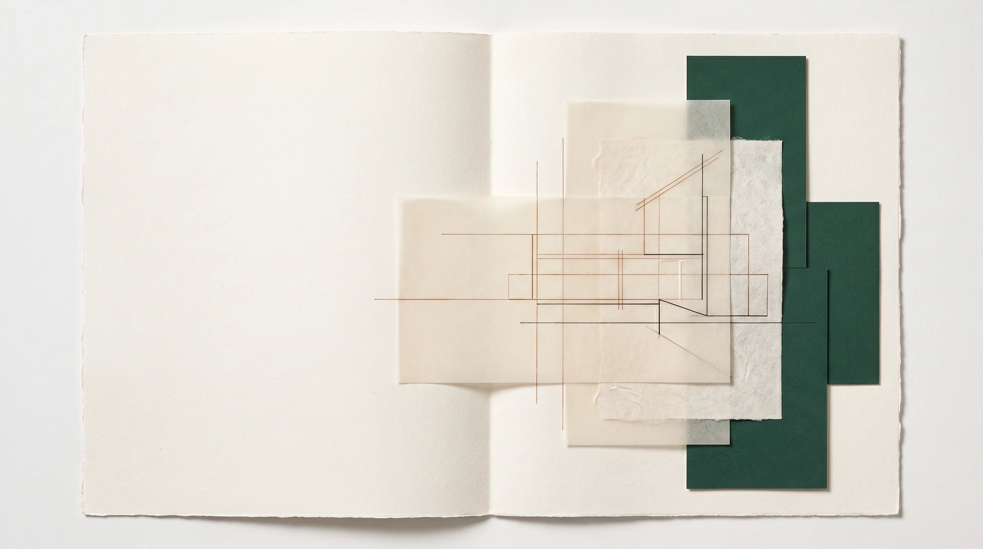 An open sketchbook on cream paper with a fine copper technical line drawing laid over deep green card