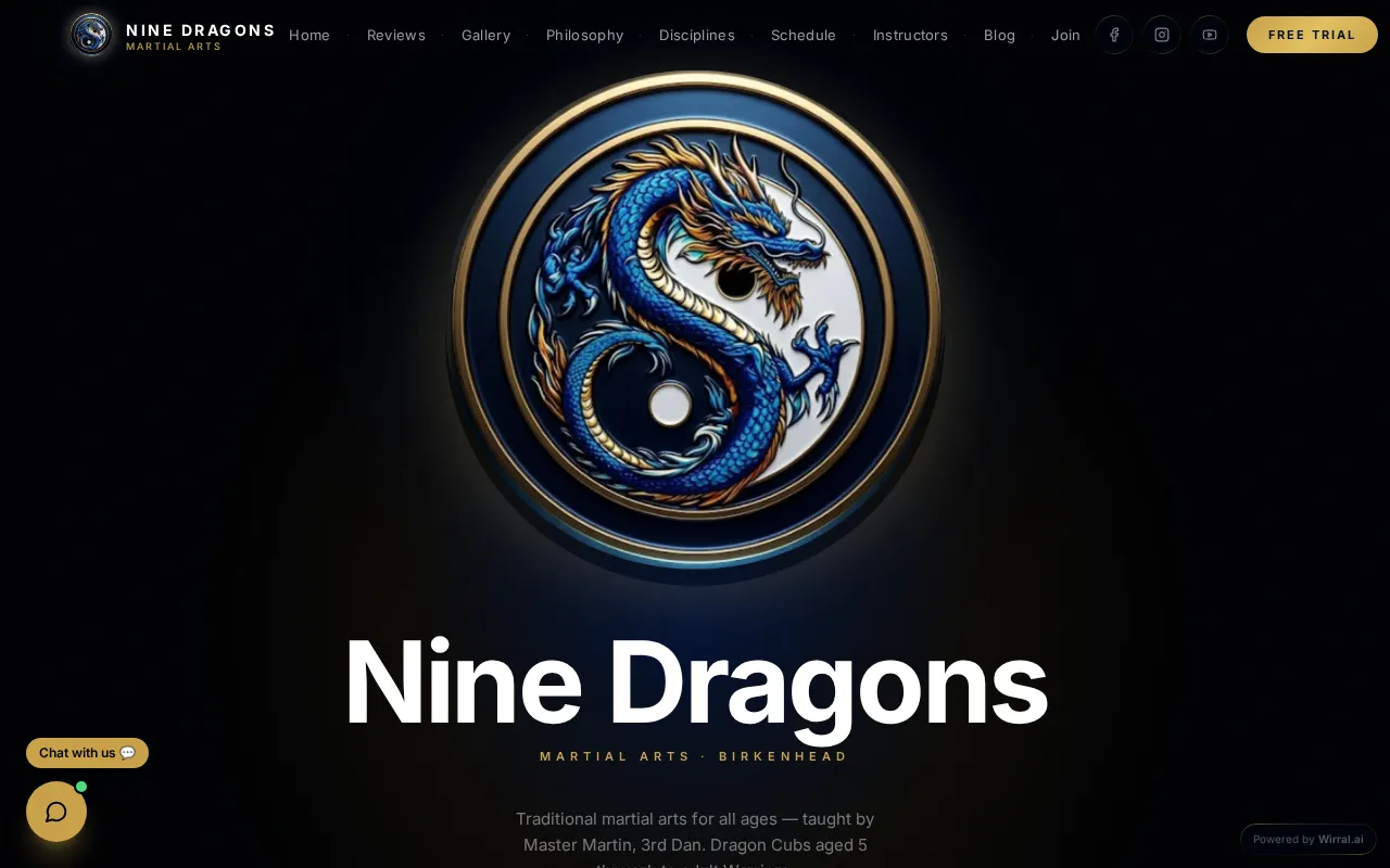 Screenshot of the Nine Dragons Martial Arts website